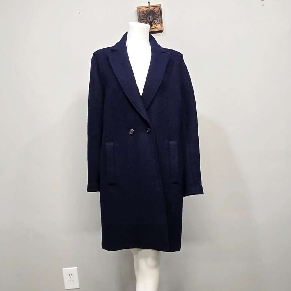 J Crew Daphne Italian Boiled Wool Over‎ Coat Women 12 Navy Double Breasted Long